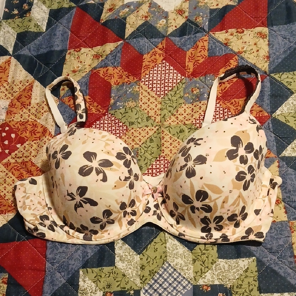 Victoria's Secret Cream Bra with Black Floral Print